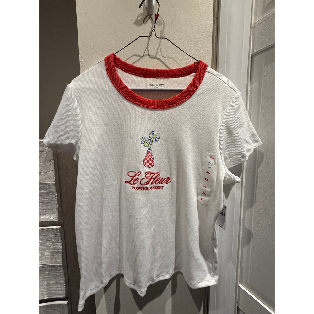 Old Navy Le Fleur Flower Market Ringer Graphic Tee XL White Red Ribbed Snug Fit